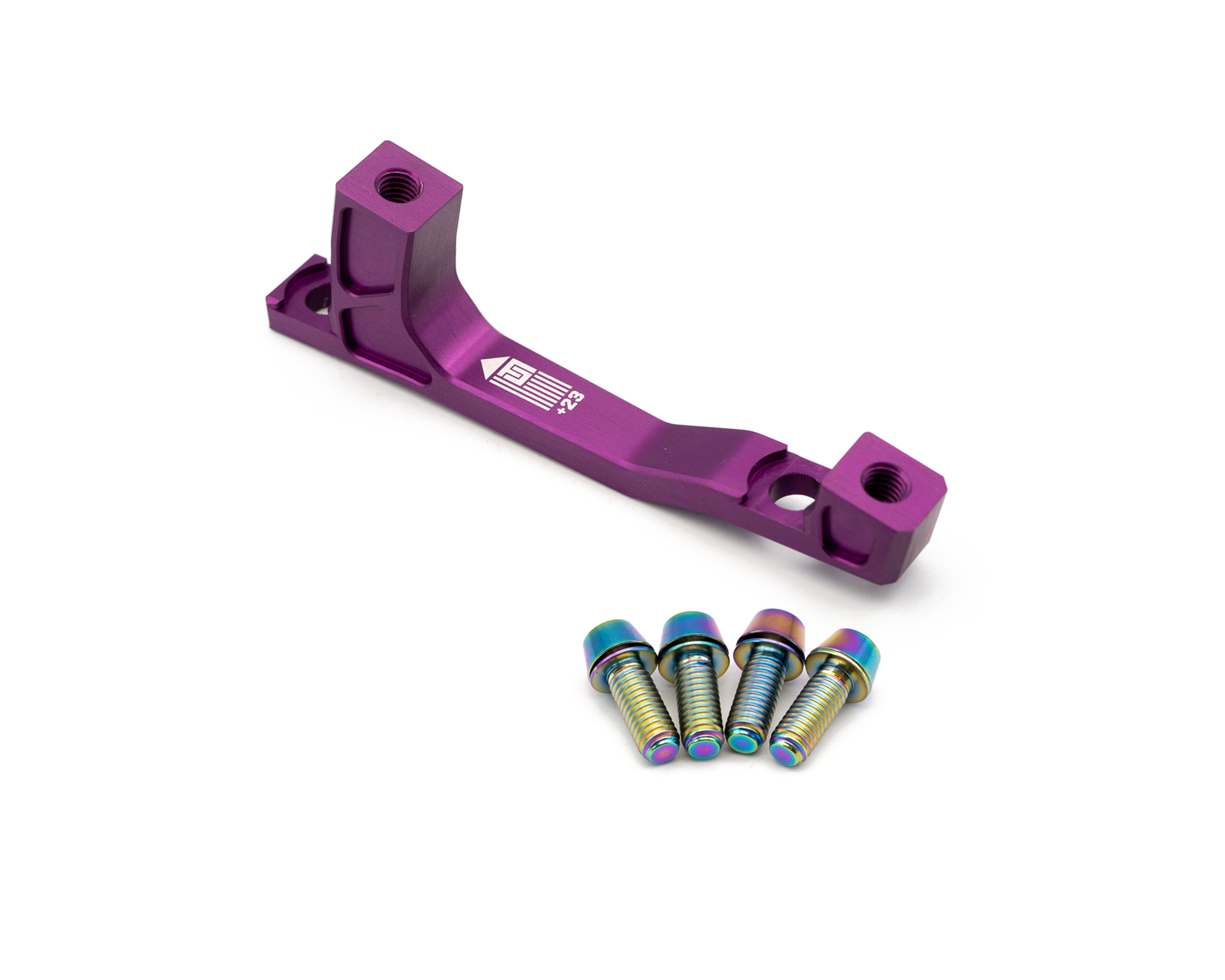 Mountain Bike Post Mount Disc Brake Adapter +23 PM 160/180 - Purple / Rainbow Oil Slick Bolts