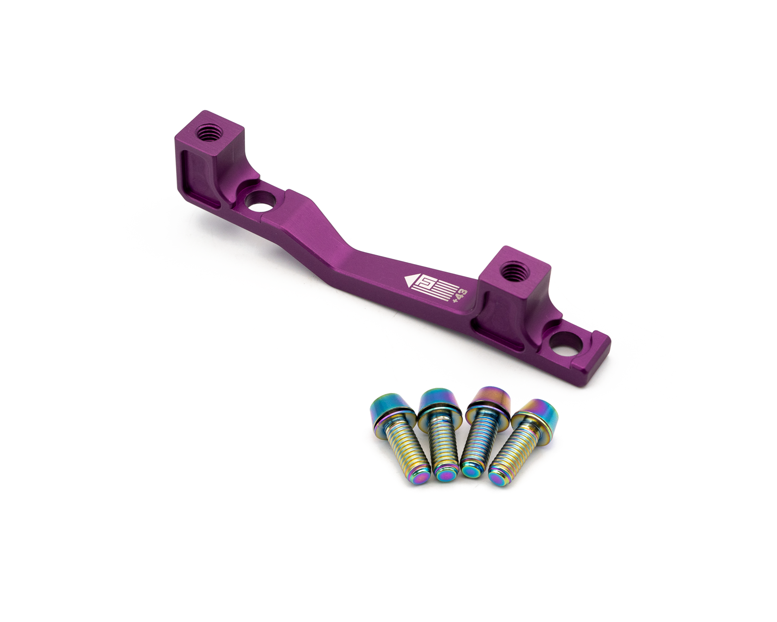 Mountain Bike Post Mount Disc Brake Adapter +43 - Purple / Rainbow Oil Slick Bolts
