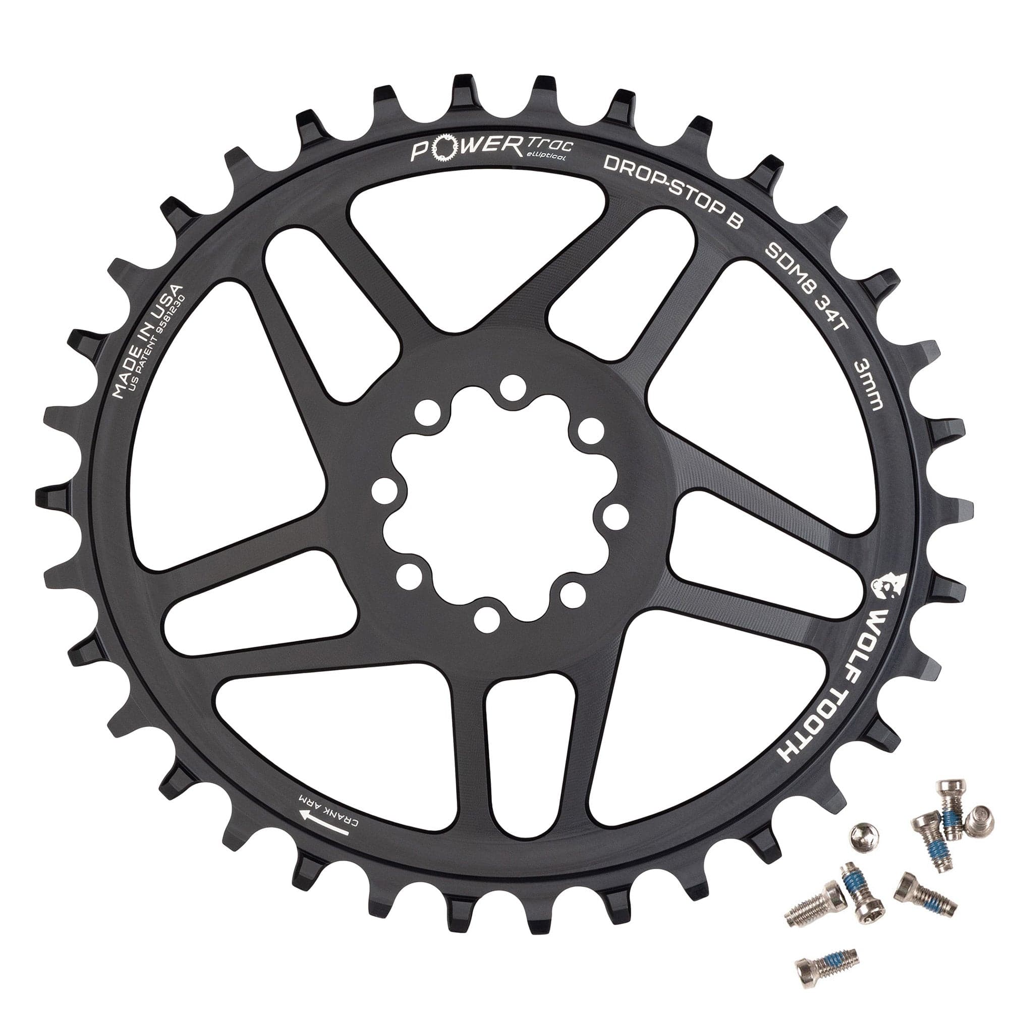 Wolf Tooth Elliptical Direct Mount Chainring - 34t, SRAM Direct Mount, Drop-Stop B, For SRAM 8-Bolt Cranksets, 3mm Offset, Black