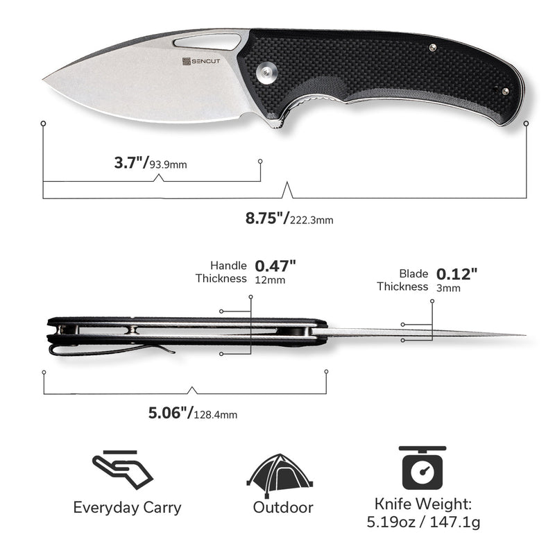 SENCUT Phantara Black Coarse G10 Handle Stonewashed 9Cr18MoV Blade