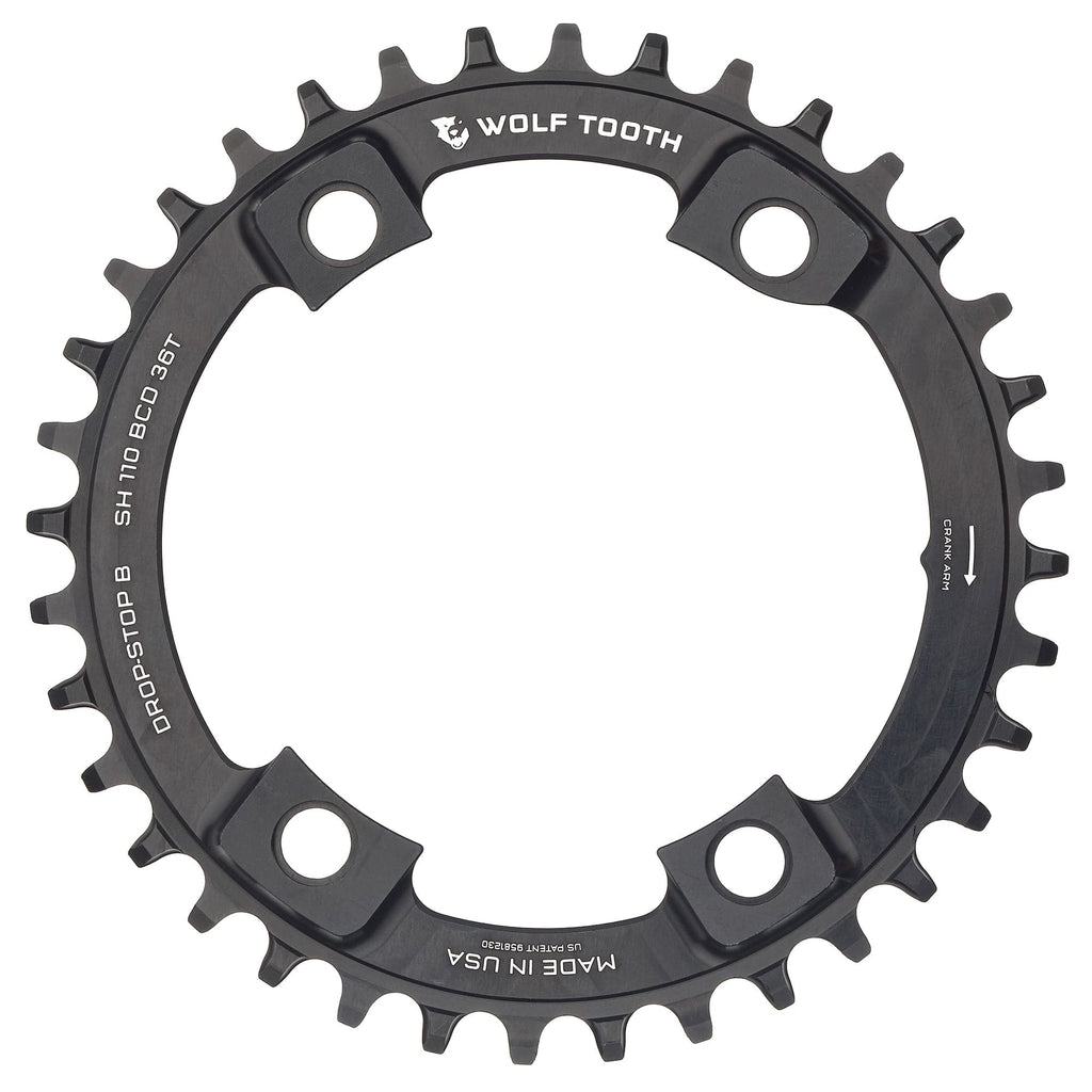 Wolf Tooth Shimano 110 Asymmetric BCD Chainring - 42t, 110 Asymmetric BCD, 4-Bolt, Drop-Stop, For Shimano Cranks, Black
